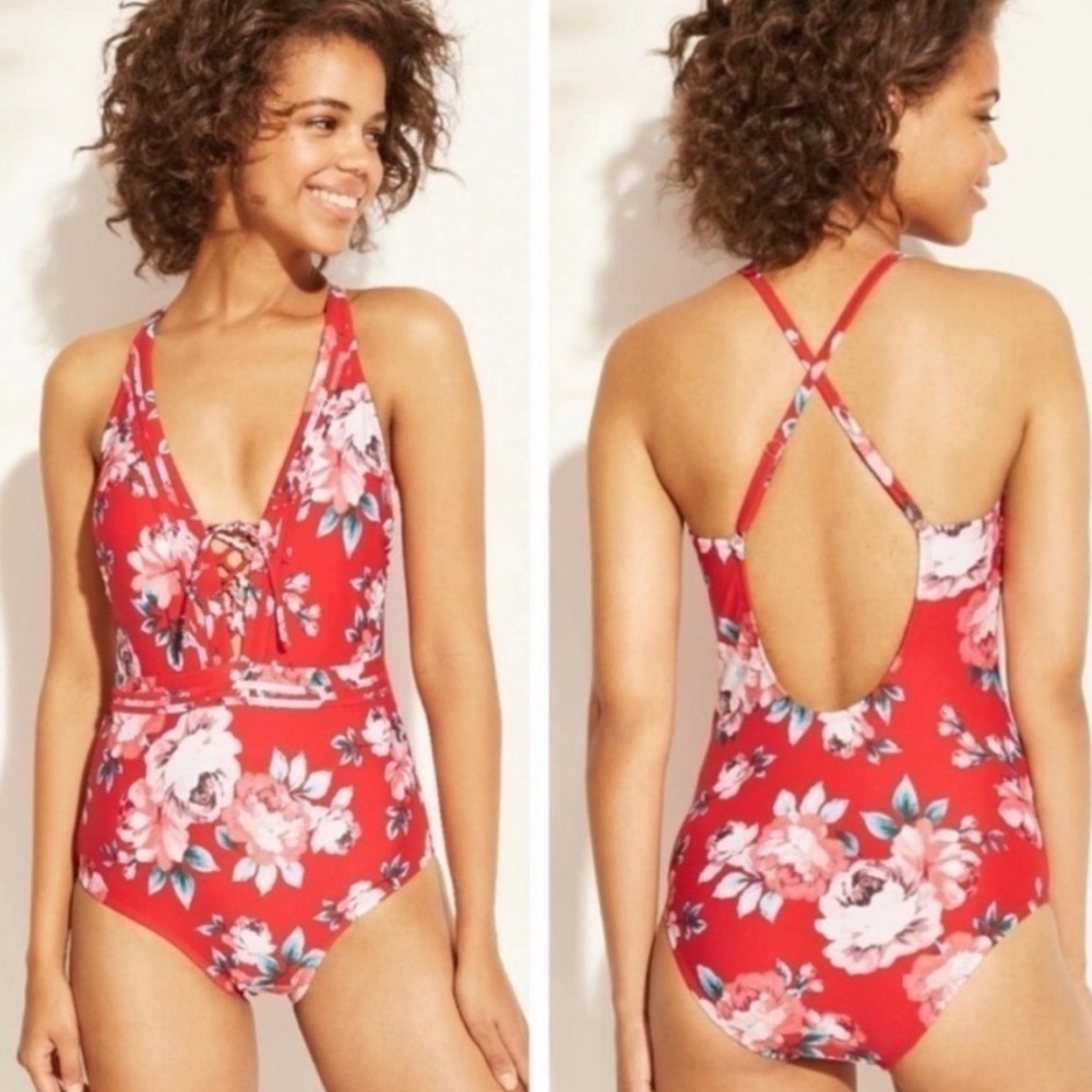 Kona Sol lace up Red Floral One Piece Swimsuit size XL tropical floral NWT